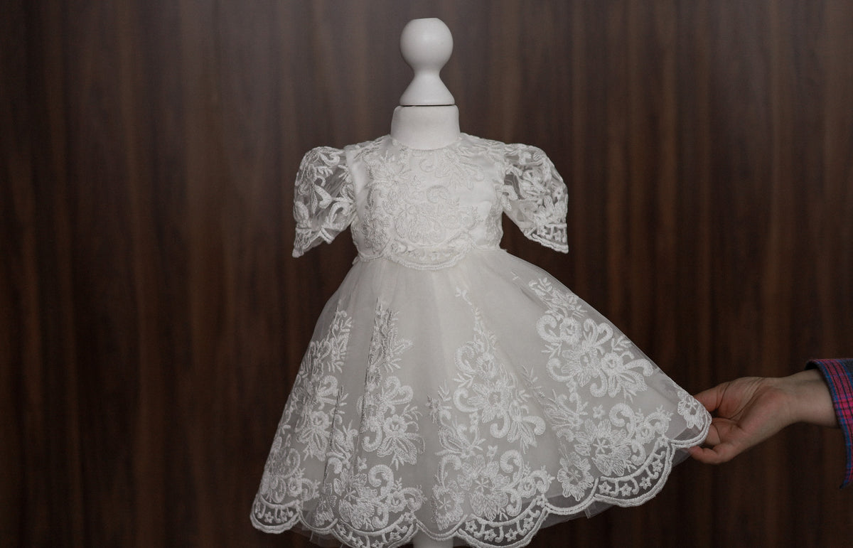 Floral Embroidered Lace Christening Dress with Puff Sleeves CW06