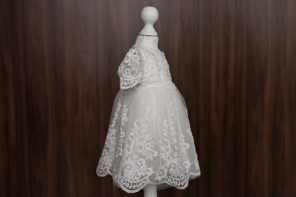 Floral Embroidered Lace Christening Dress with Puff Sleeves CW06