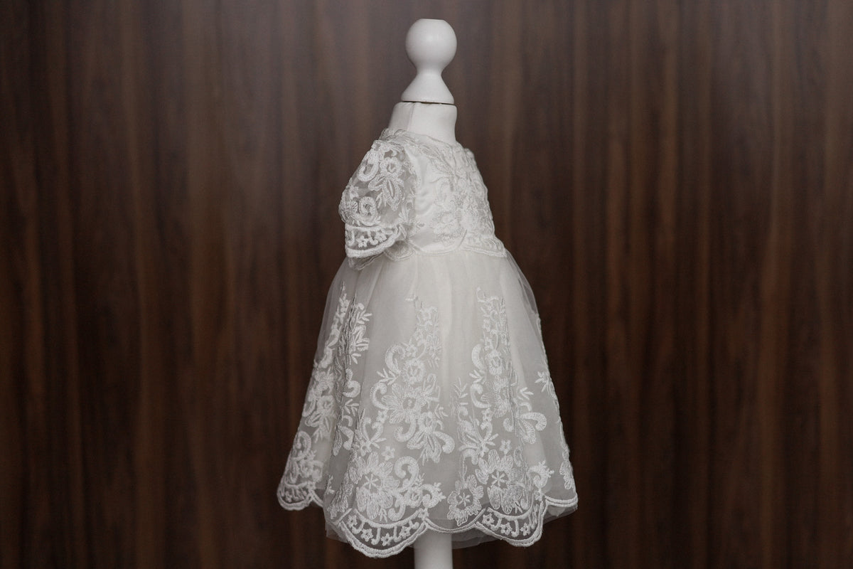 Floral Embroidered Lace Christening Dress with Puff Sleeves CW06
