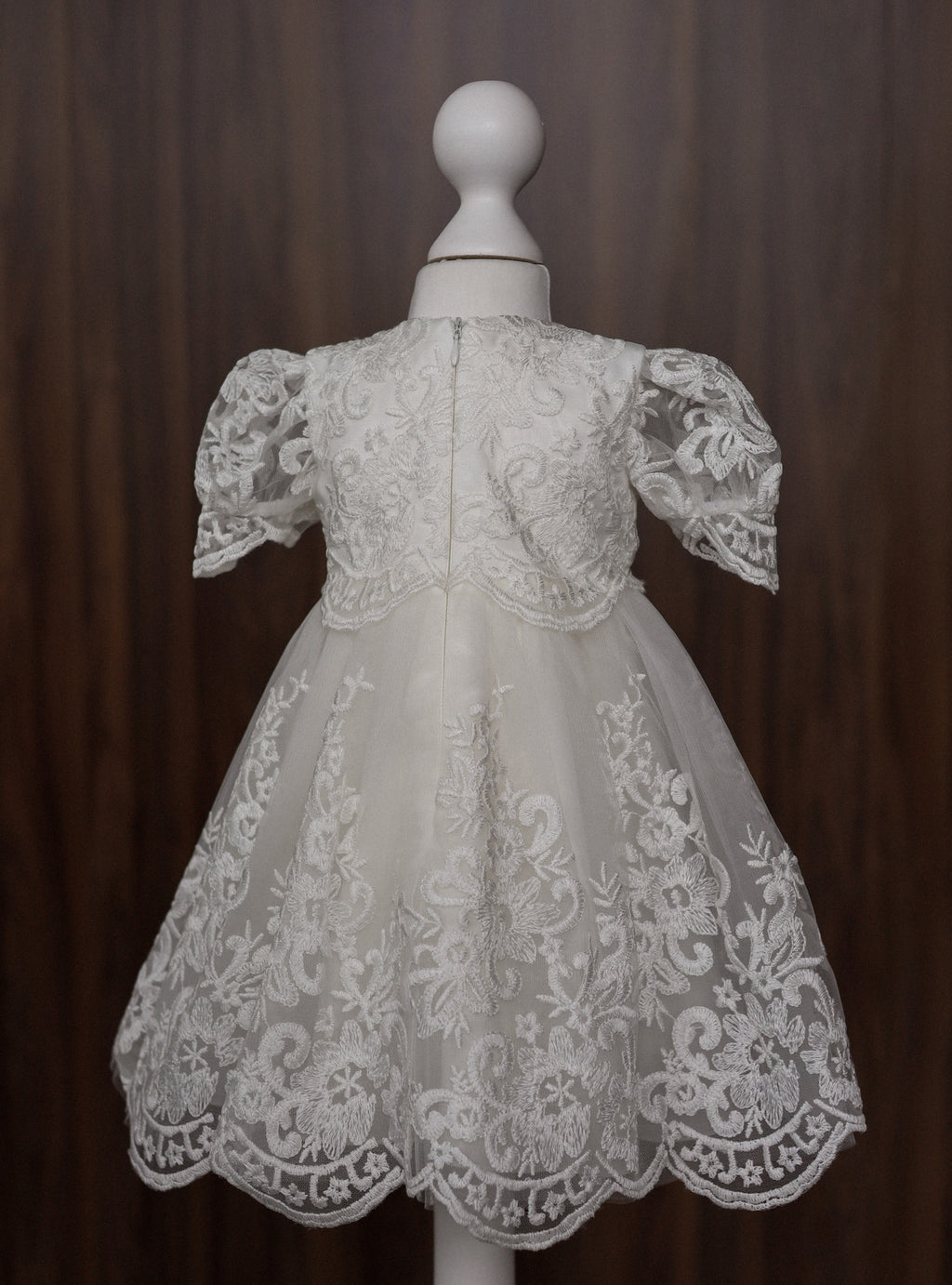 Floral Embroidered Lace Christening Dress with Puff Sleeves CW06