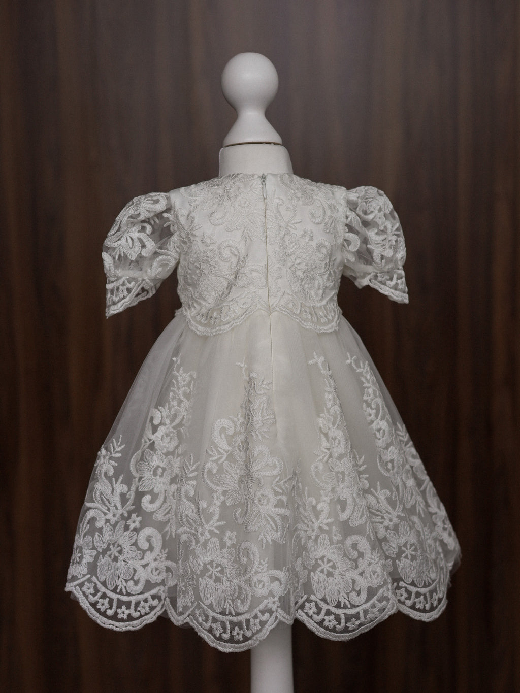 Floral Embroidered Lace Christening Dress with Puff Sleeves CW06