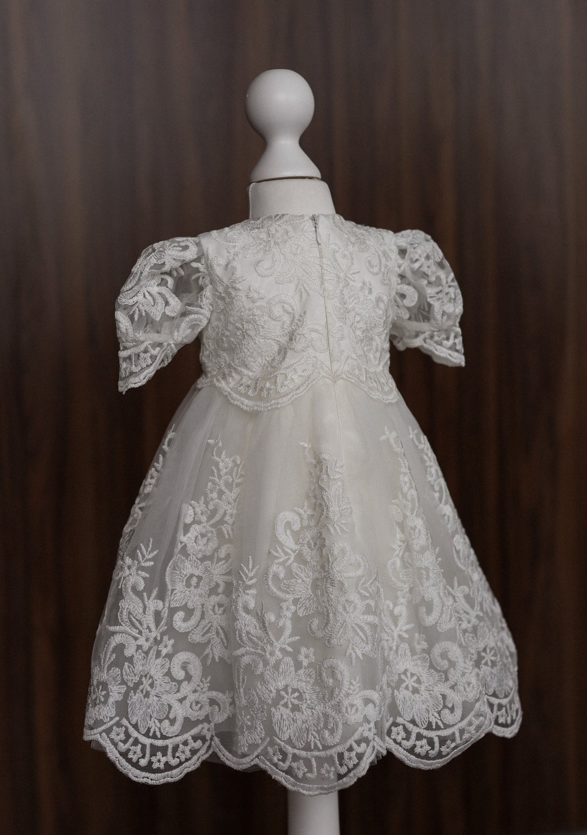Floral Embroidered Lace Christening Dress with Puff Sleeves CW06